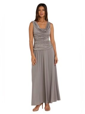 NWT Champagne Size 12 Glitter Ruched Maxi Dress Cowl R&M Richards Evening Guest